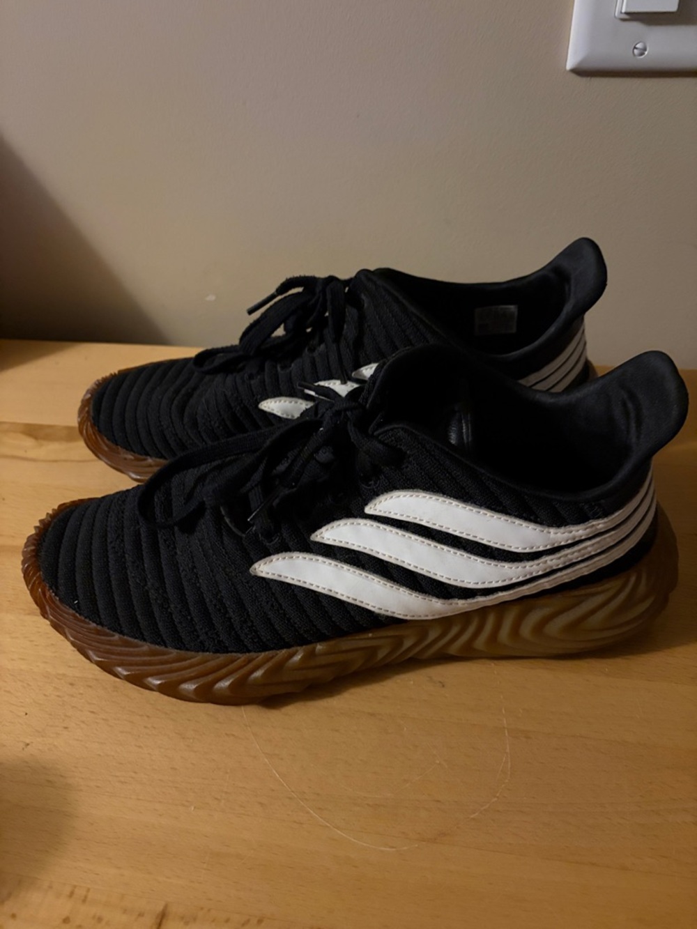 Adidas Sobakov Black Knit Sneakers with Gum Sole and White Stripes Sz 10